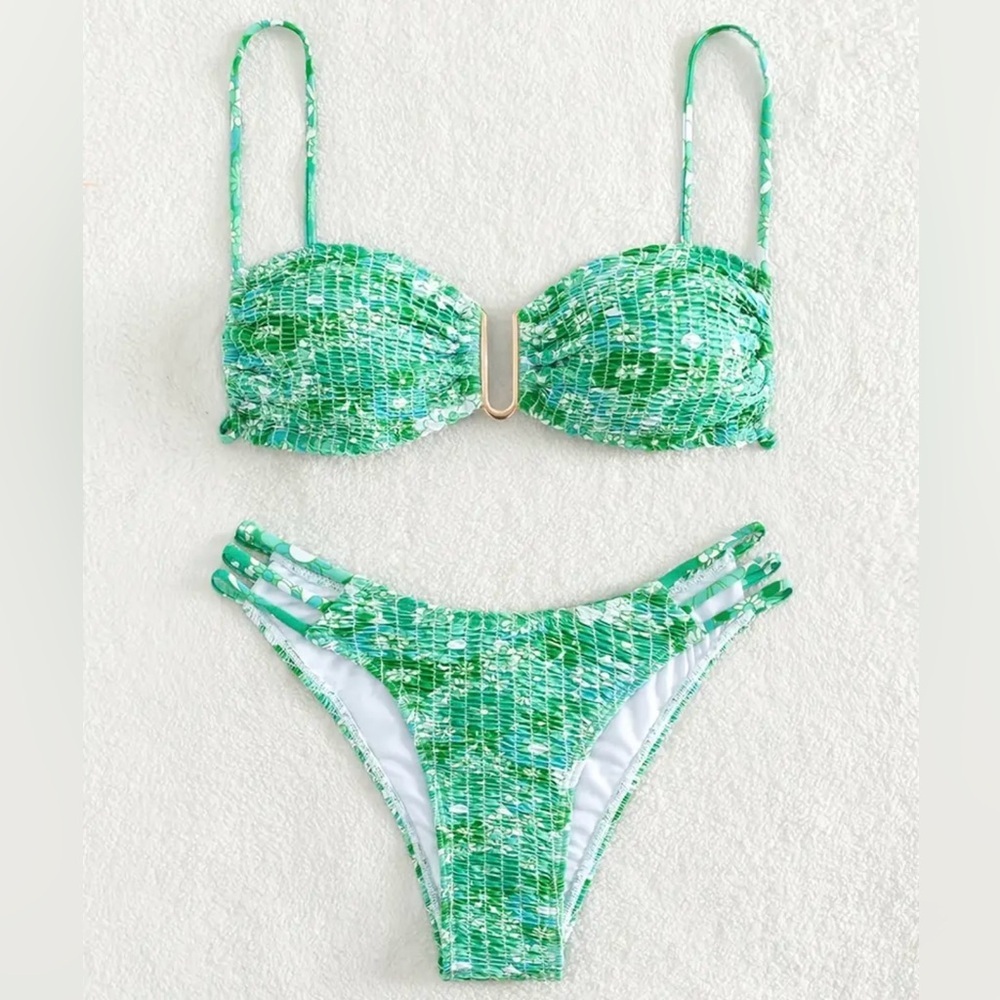 Green Floral U Wire Bandeau Bikini Set